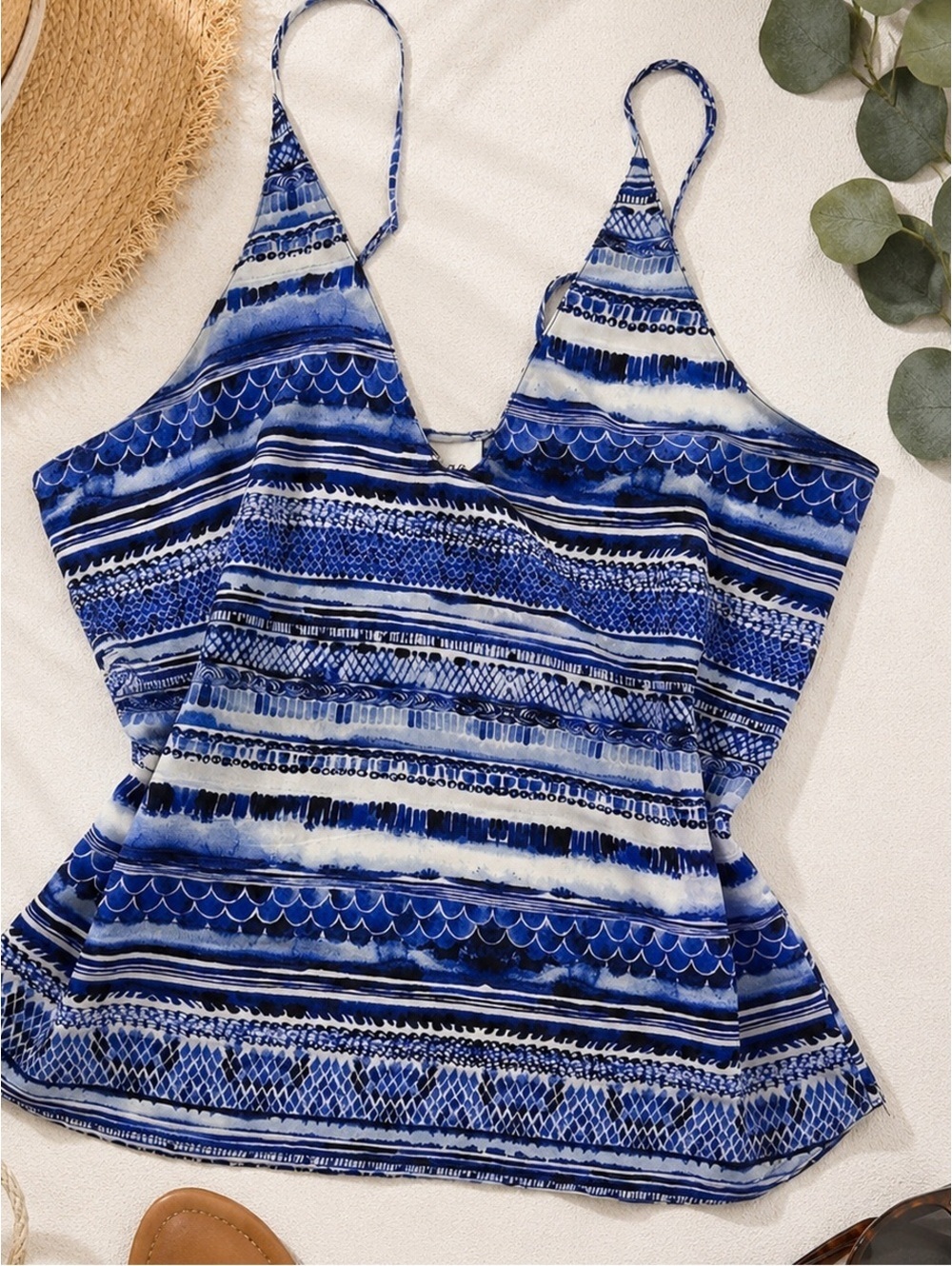 Rory Beca Vintage 100% Silk Camisole Top Blue White Print Spaghetti Strap Size S